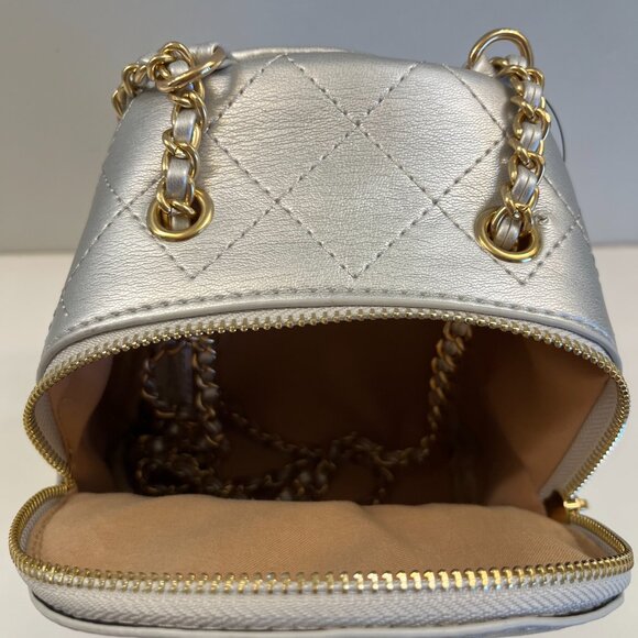 Quilted Puffer Backpack in Shiny Silver with Gold Rope Straps - NWT - Picture 6 of 9